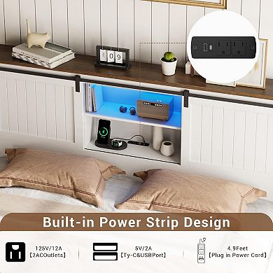 Farmhouse Bed Frame with Storage, USB Charging, LED Lights & Noise Free Design