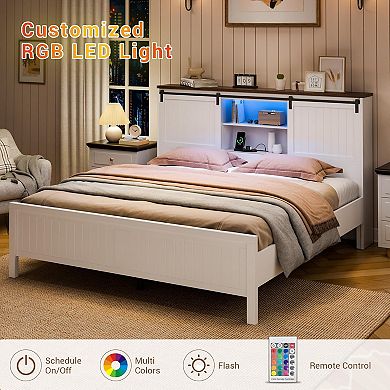 Farmhouse Bed Frame with Storage, USB Charging, LED Lights & Noise Free Design