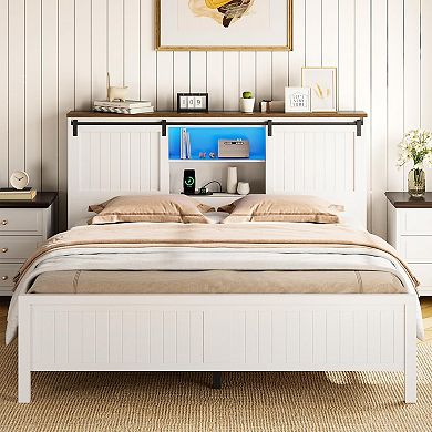 Farmhouse Bed Frame with Storage, USB Charging, LED Lights & Noise Free Design