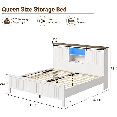 Farmhouse Bed Frame with Storage, USB Charging, LED Lights & Noise Free Design