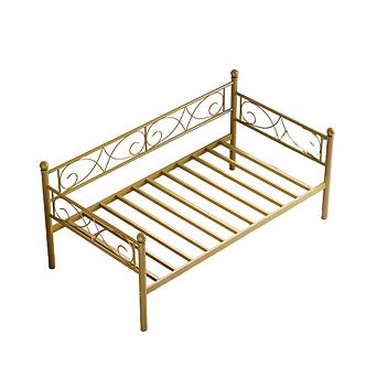 Gold Metal Twin Daybed with Curved Flower Design, Steel Slats & Space-Saving