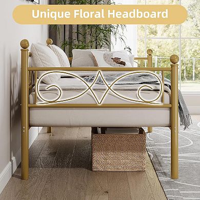 Gold Metal Twin Daybed with Curved Flower Design, Steel Slats & Space-Saving