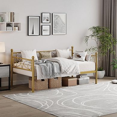 Gold Metal Twin Daybed with Curved Flower Design, Steel Slats & Space-Saving