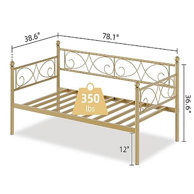 Gold Metal Twin Daybed with Curved Flower Design, Steel Slats & Space-Saving