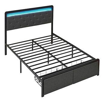 Grey Queen Platform Bed Frame with LED Lights, 2 Storage Drawers & Tufted Headboard