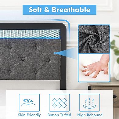 Grey Queen Platform Bed Frame with LED Lights, 2 Storage Drawers & Tufted Headboard