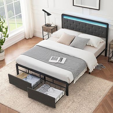 Grey Queen Platform Bed Frame with LED Lights, 2 Storage Drawers & Tufted Headboard
