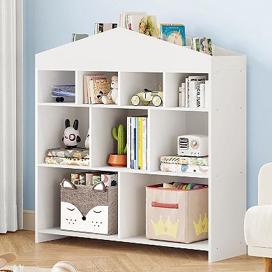 9 Cubby Wooden Kids Toy Storage Organizer,40.7" Dollhouse Bookshelf for Nursery, Classroom