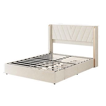 Velvet Platform Bed Frame with Wingback Headboard & 4 Drawers, No Box Spring
