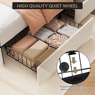 Velvet Platform Bed Frame with Wingback Headboard & 4 Drawers, No Box Spring