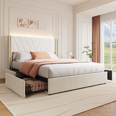 Velvet Platform Bed Frame with Wingback Headboard & 4 Drawers, No Box Spring