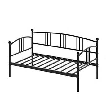 Black Metal Daybed with Arched Headboard, Steel Slat Support for Living Room & Bedroom