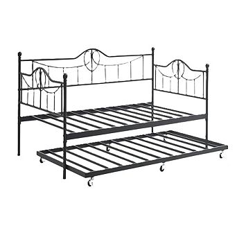 Black Daybed with Trundle & Backrest, Metal Sofa Bed Frame, Heavy Duty Slats