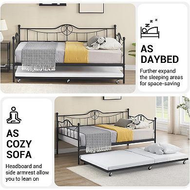Black Daybed with Trundle & Backrest, Metal Sofa Bed Frame, Heavy Duty Slats