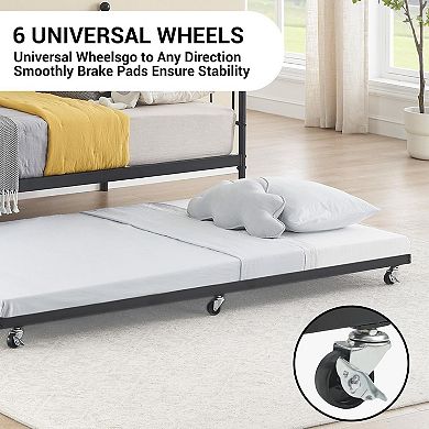 Black Daybed with Trundle & Backrest, Metal Sofa Bed Frame, Heavy Duty Slats