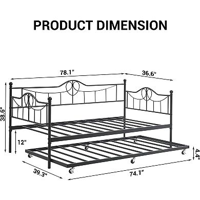 Black Daybed with Trundle & Backrest, Metal Sofa Bed Frame, Heavy Duty Slats