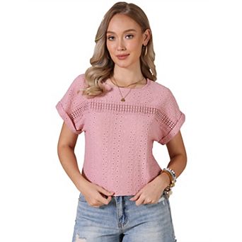 Eyelet Tops for Women's Short Sleeve Hollow Out Summer Dressy Casual Top