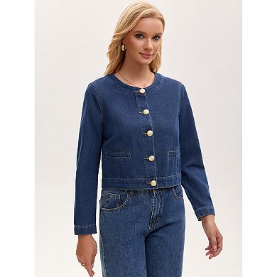 Women's Collarless Denim Jacket Long Sleeve Button Down Jean Jackets
