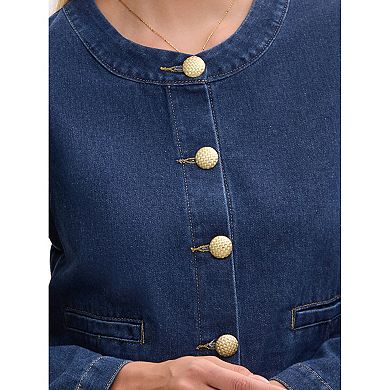 Women's Collarless Denim Jacket Long Sleeve Button Down Jean Jackets
