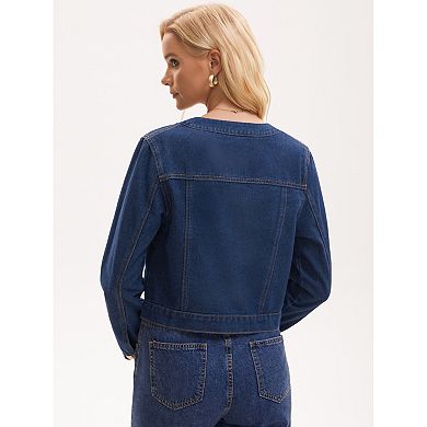Women's Collarless Denim Jacket Long Sleeve Button Down Jean Jackets