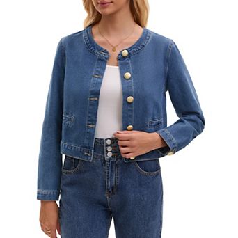Women's Collarless Denim Jacket Long Sleeve Button Down Jean Jackets