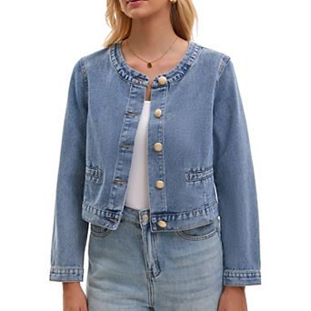 Women's Collarless Denim Jacket Long Sleeve Button Down Jean Jackets
