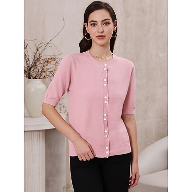Women's Button Down Cardigan Knit Sweater Lightweight Crew Neck Puff Short Sleeve Casual Cardigans
