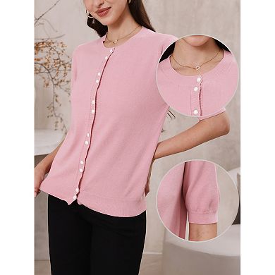 Women's Button Down Cardigan Knit Sweater Lightweight Crew Neck Puff Short Sleeve Casual Cardigans