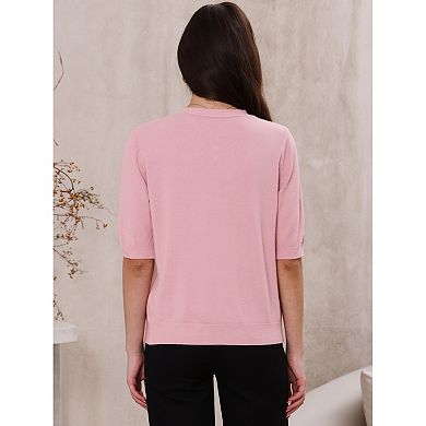 Women's Button Down Cardigan Knit Sweater Lightweight Crew Neck Puff Short Sleeve Casual Cardigans