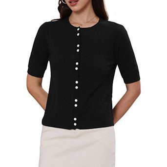 Women's Button Down Cardigan Knit Sweater Lightweight Crew Neck Puff Short Sleeve Casual Cardigans