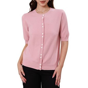 Women's Button Down Cardigan Knit Sweater Lightweight Crew Neck Puff Short Sleeve Casual Cardigans