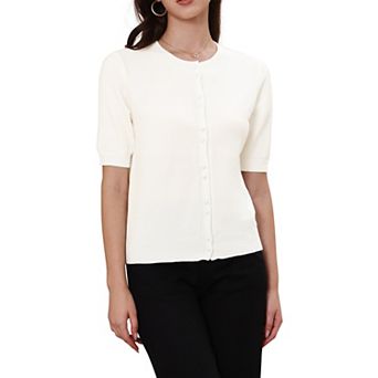 Women's Button Down Cardigan Knit Sweater Lightweight Crew Neck Puff Short Sleeve Casual Cardigans