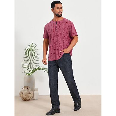 Men's Ripped Henley Shirt Western Retro Short Sleeve Button Down T-Shirt