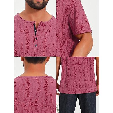 Men's Ripped Henley Shirt Western Retro Short Sleeve Button Down T-Shirt