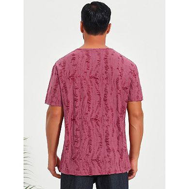 Men's Ripped Henley Shirt Western Retro Short Sleeve Button Down T-Shirt