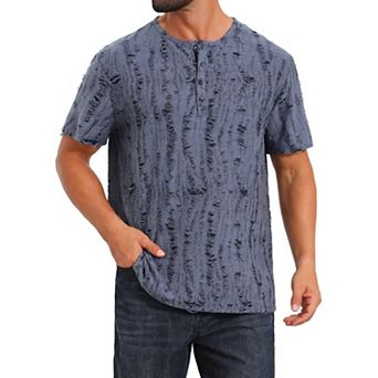 Men's Ripped Henley Shirt Western Retro Short Sleeve Button Down T-Shirt