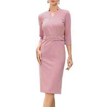 Work Dresses for Women 3/4 Sleeve V Neck Elegant Belted Formal Midi Dress