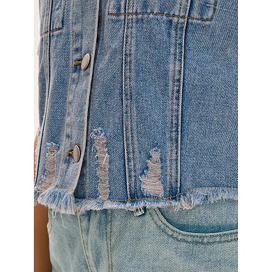 Short Sleeve Denim Jacket Button Up Ripped Frayed Cropped Jean Jacket