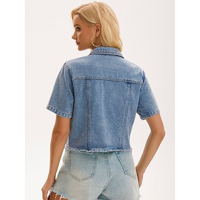 Short Sleeve Denim Jacket Button Up Ripped Frayed Cropped Jean Jacket