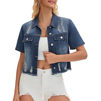 Short Sleeve Denim Jacket Button Up Ripped Frayed Cropped Jean Jacket