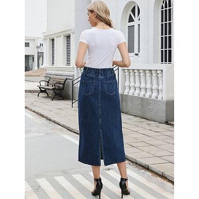 Denim Skirt for Women Midi Length Elastic Waist Split Back Long Jean Skirts