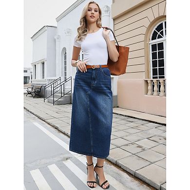 Denim Skirt for Women Midi Length Elastic Waist Split Back Long Jean Skirts