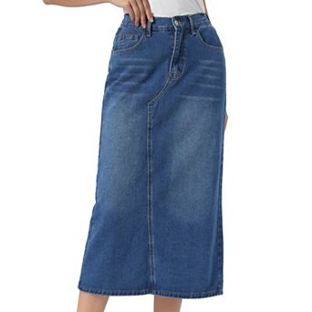 Denim Skirt for Women Midi Length Elastic Waist Split Back Long Jean Skirts