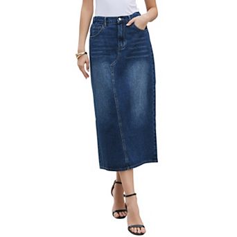 Denim Skirt for Women Midi Length Elastic Waist Split Back Long Jean Skirts