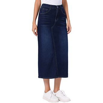Denim Skirt for Women Midi Length Elastic Waist Split Back Long Jean Skirts