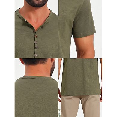 Men's Retro Henley Shirt Texture Button Down Short Sleeve Outdoor T-Shirt
