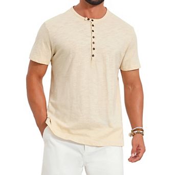Men's Retro Henley Shirt Texture Button Down Short Sleeve Outdoor T-Shirt