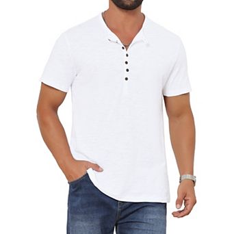 Men's Retro Henley Shirt Texture Button Down Short Sleeve Outdoor T-Shirt