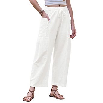 Wide Leg Pants for Women's Summer Casual Elastic Waist Drawstring Cotton Trousers with Pockets