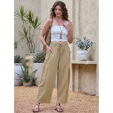 Wide Leg Pants for Women's Summer Casual Elastic Waist Drawstring Cotton Trousers with Pockets